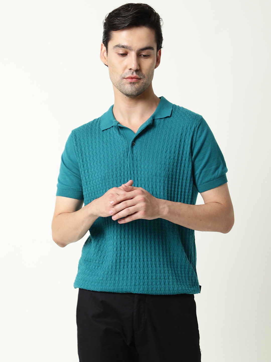 

RARE RABBIT Men Teal Polo Collar Pure Cotton Slim Fit T-shirt