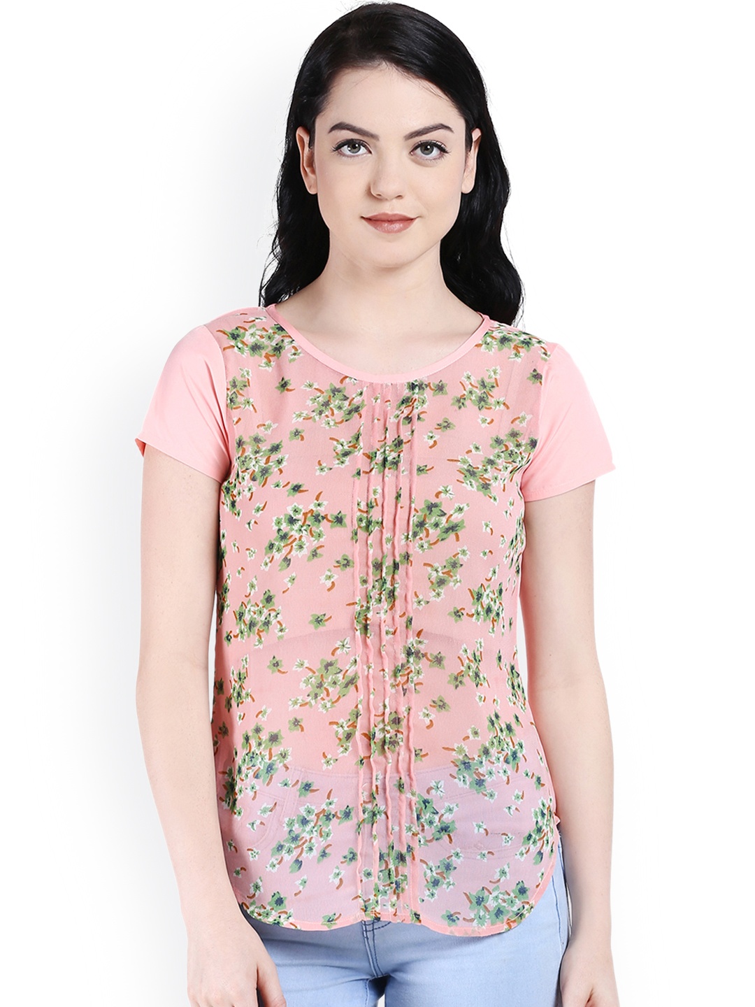 

Style Quotient Women Peach-Coloured Floral Print Top