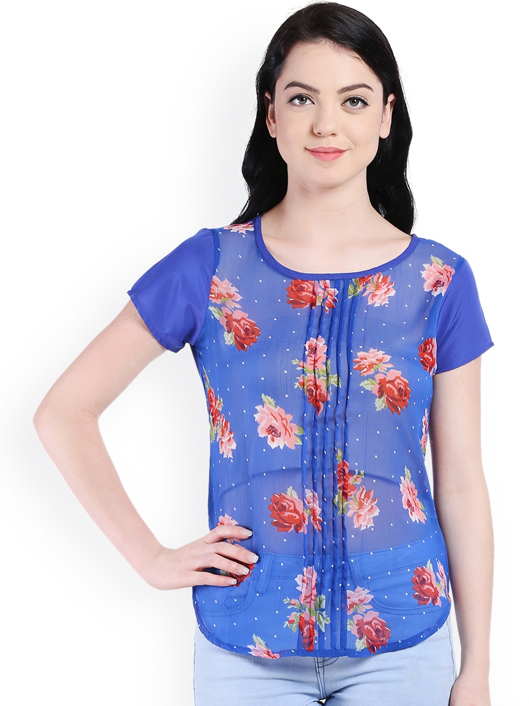 

Style Quotient Women Blue Floral Print Sheer Top