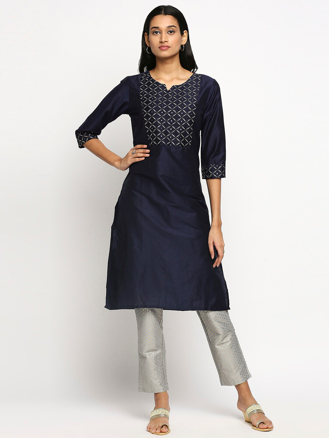 

Ethnicity Women Navy Blue Ethnic Motifs Printed Kurta