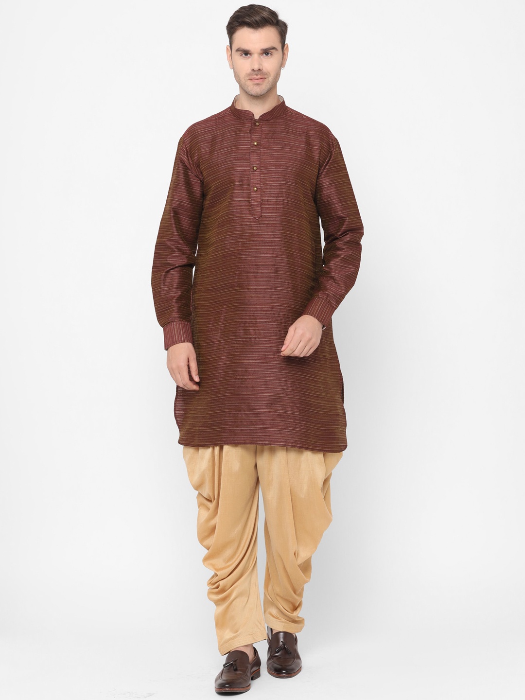 

Chitwan Mohan Men Burgundy & Gold-Toned Striped Dupion Silk Kurta with Dhoti Pants