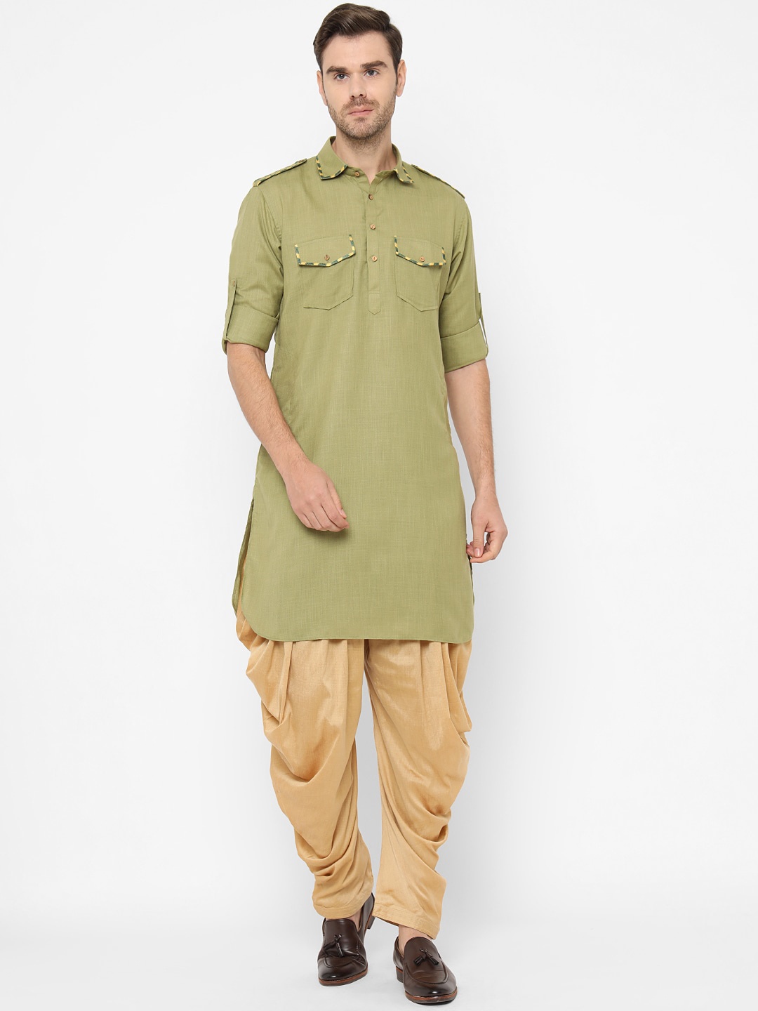 

Chitwan Mohan Men Green & Beige Kurta with Dhoti Pants
