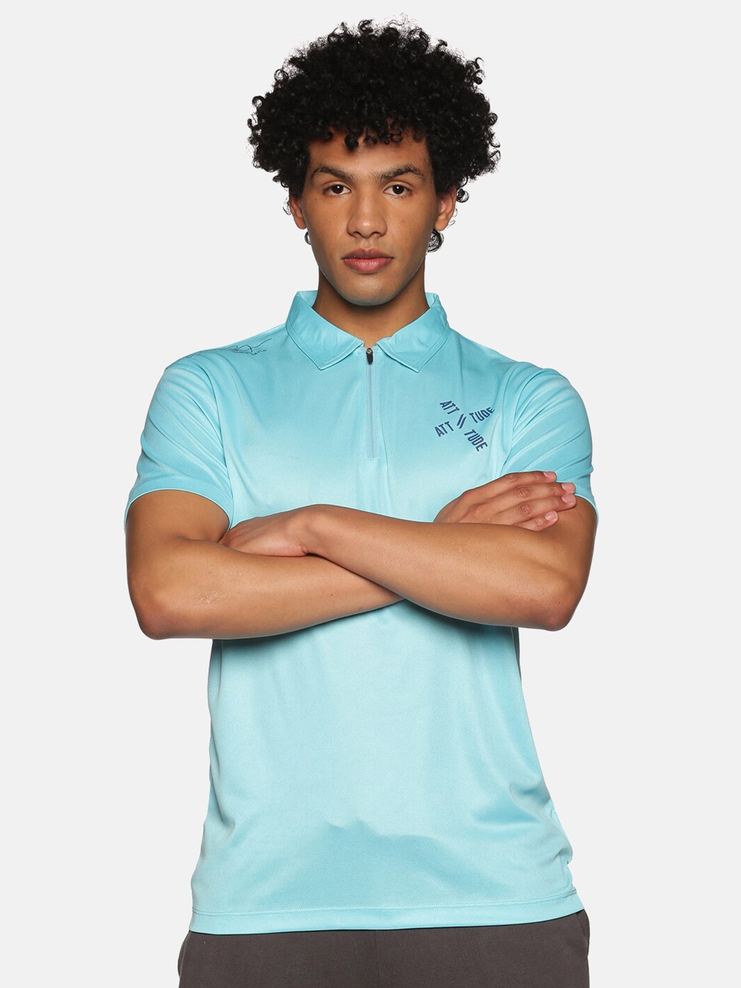 

ATTIITUDE Men Turquoise Blue Polo Collar Slim Fit T-shirt