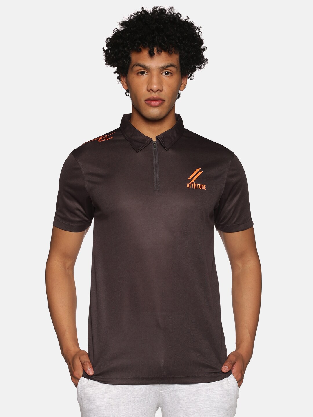 

ATTIITUDE Men Charcoal Typography Printed Polo Collar Slim Fit T-shirt