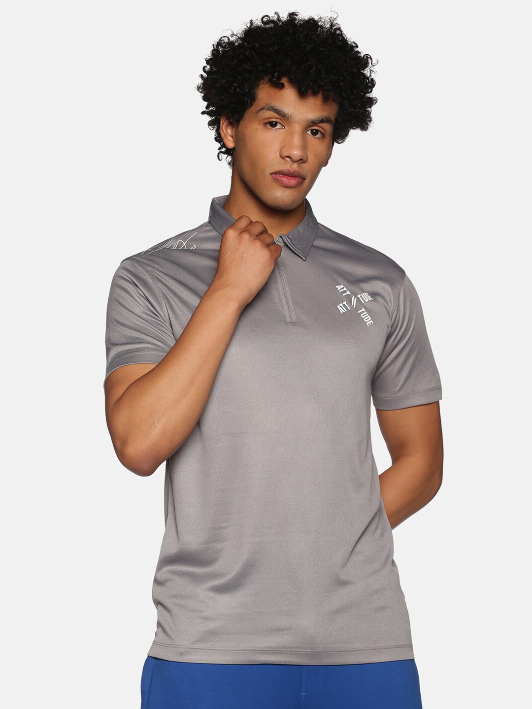 

ATTIITUDE Men Grey Polo Collar Slim Fit T-shirt