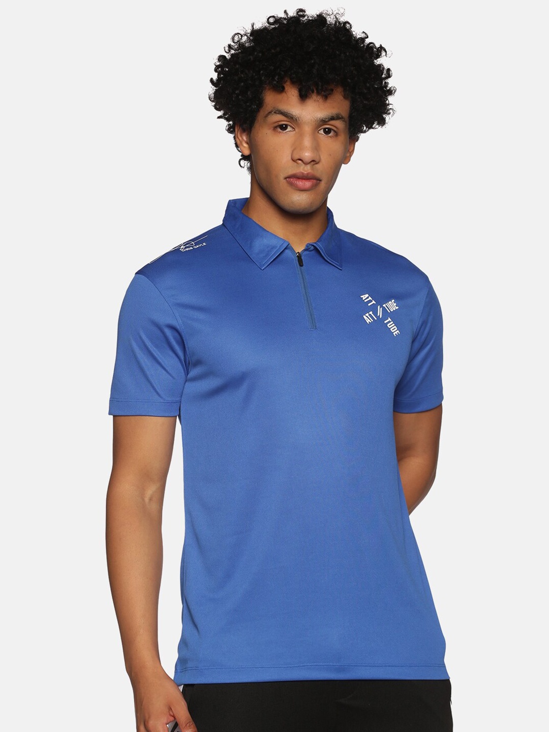 

ATTIITUDE Men Blue Placement Printed Dry Fit Polo Collar Slim Fit T-shirt