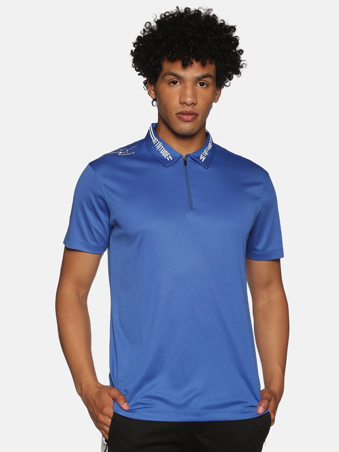

ATTIITUDE Men Blue Typography Printed Polo Collar Slim Fit T-shirt