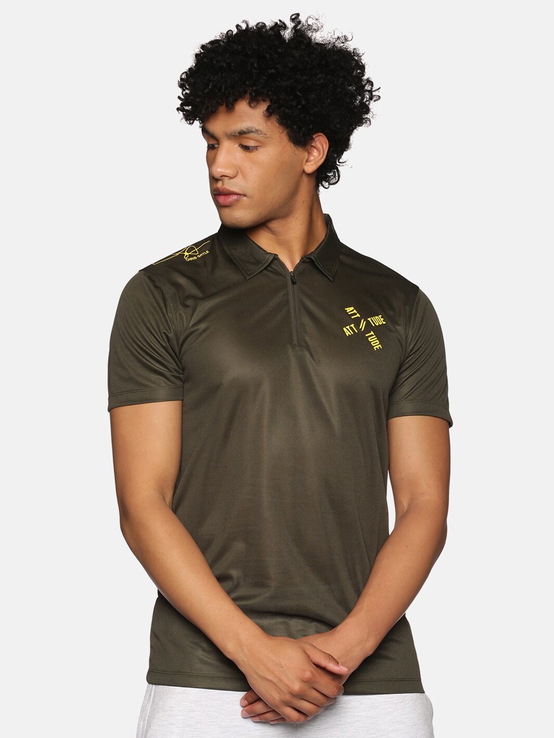 

ATTIITUDE Men Olive Green Polo Collar Slim Fit T-shirt