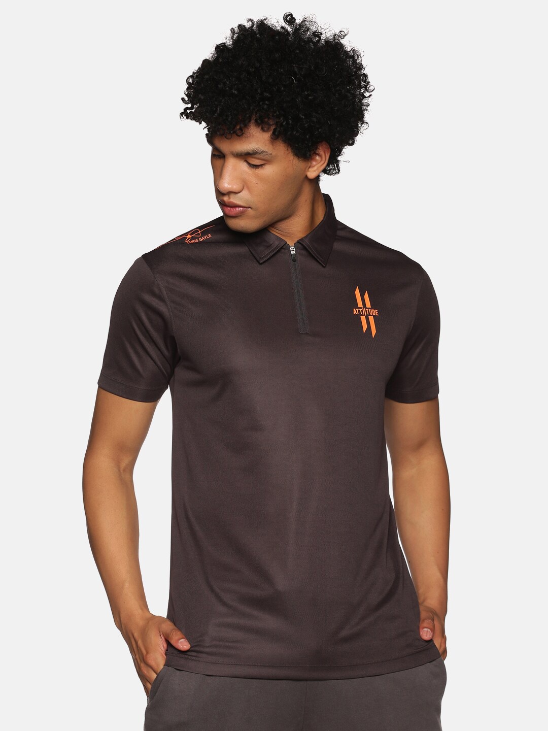 

ATTIITUDE Men Charcoal Polo Collar Slim Fit T-shirt