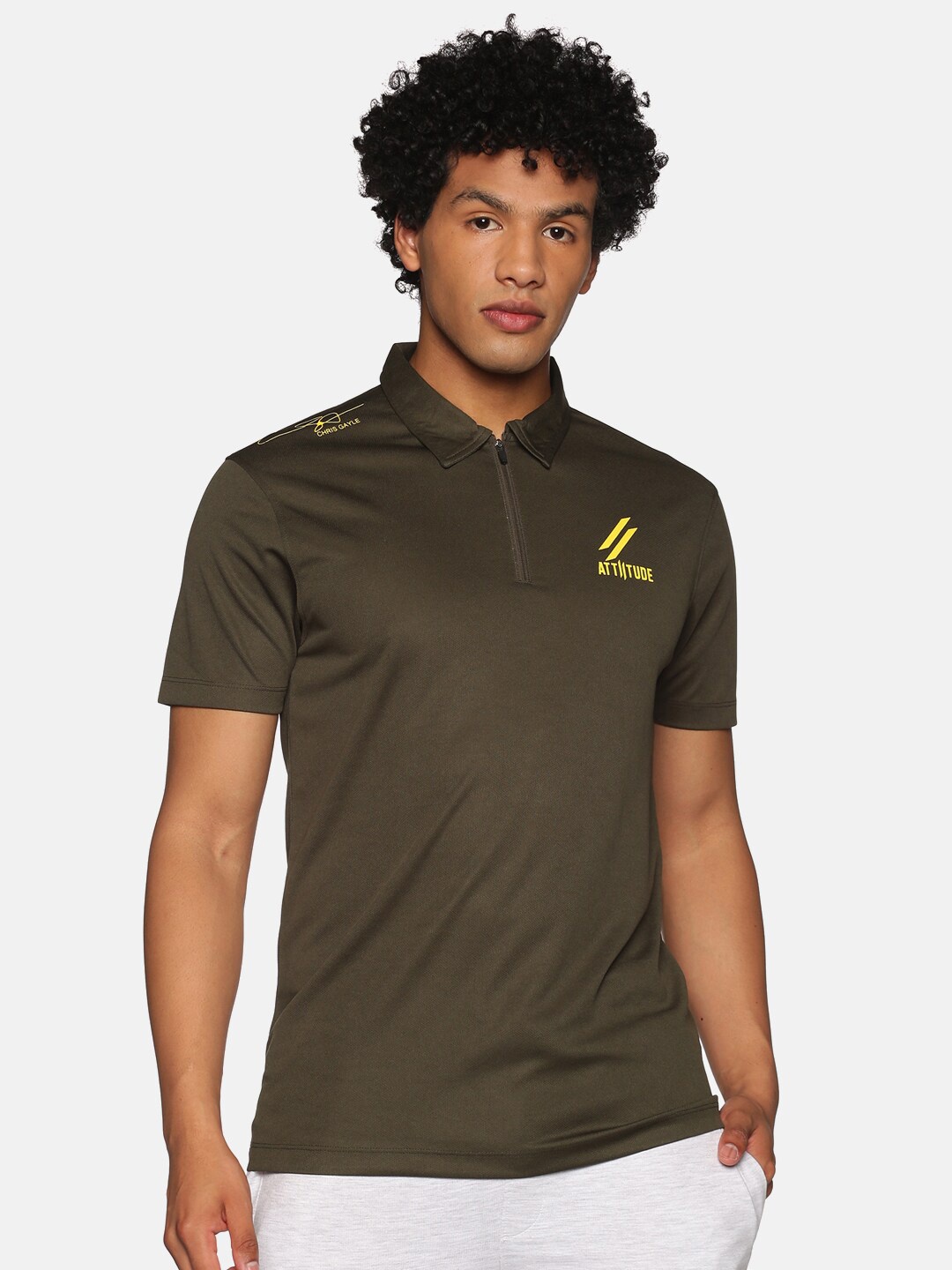 

ATTIITUDE Men Olive Green Polo Collar Slim Fit T-shirt