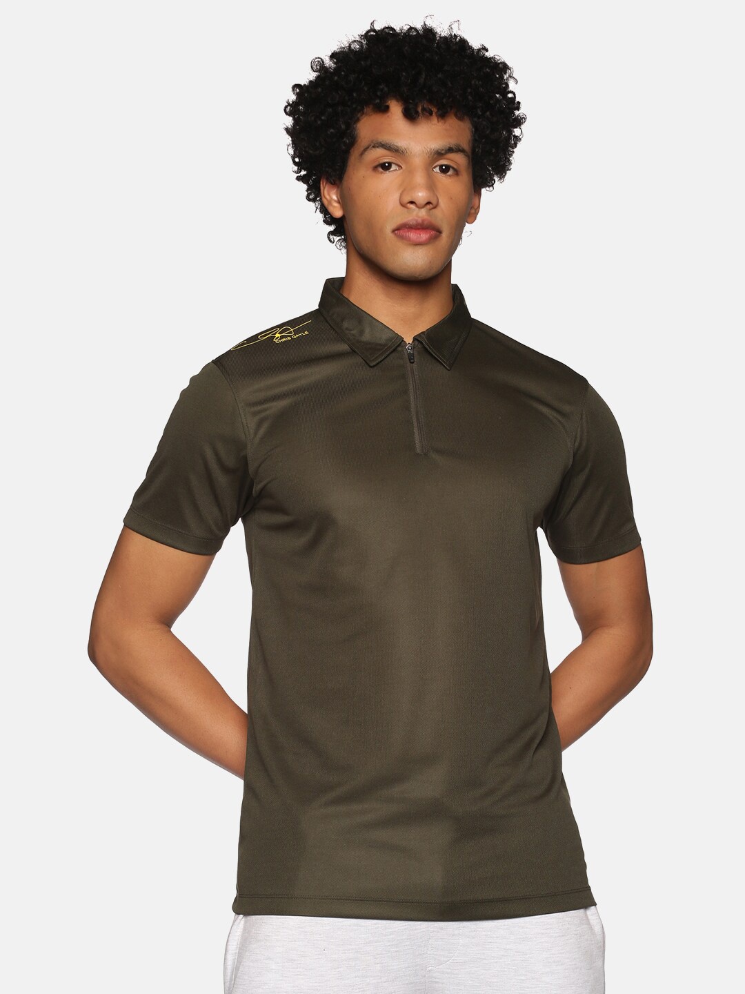 

ATTIITUDE Men Olive Green Placement Printed Dry Fit Polo Collar Slim Fit T-shirt