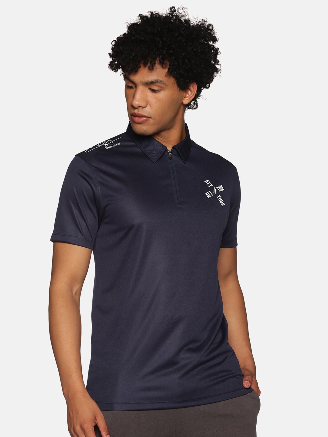 

ATTIITUDE Men Navy Blue Polo Collar Slim Fit T-shirt