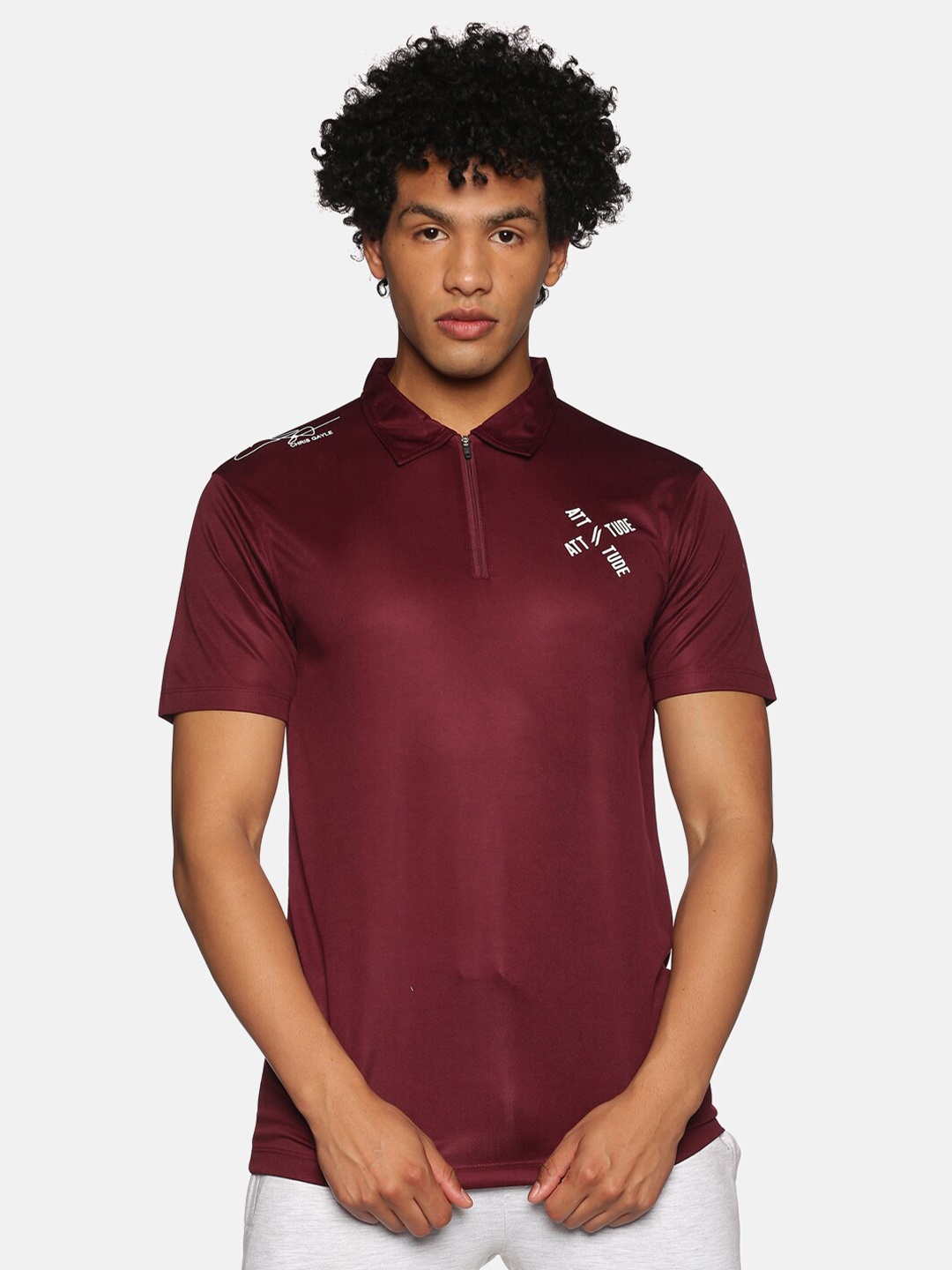 

ATTIITUDE Men Maroon Typography Printed Polo Collar Slim Fit T-shirt
