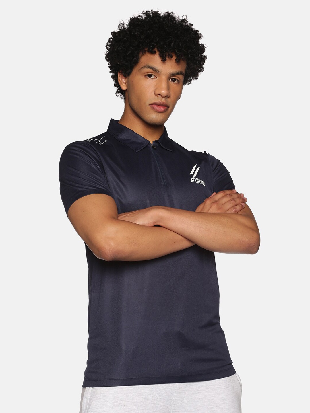 

ATTIITUDE Men Navy Blue Dry Fit Polo Collar Slim Fit T-shirt