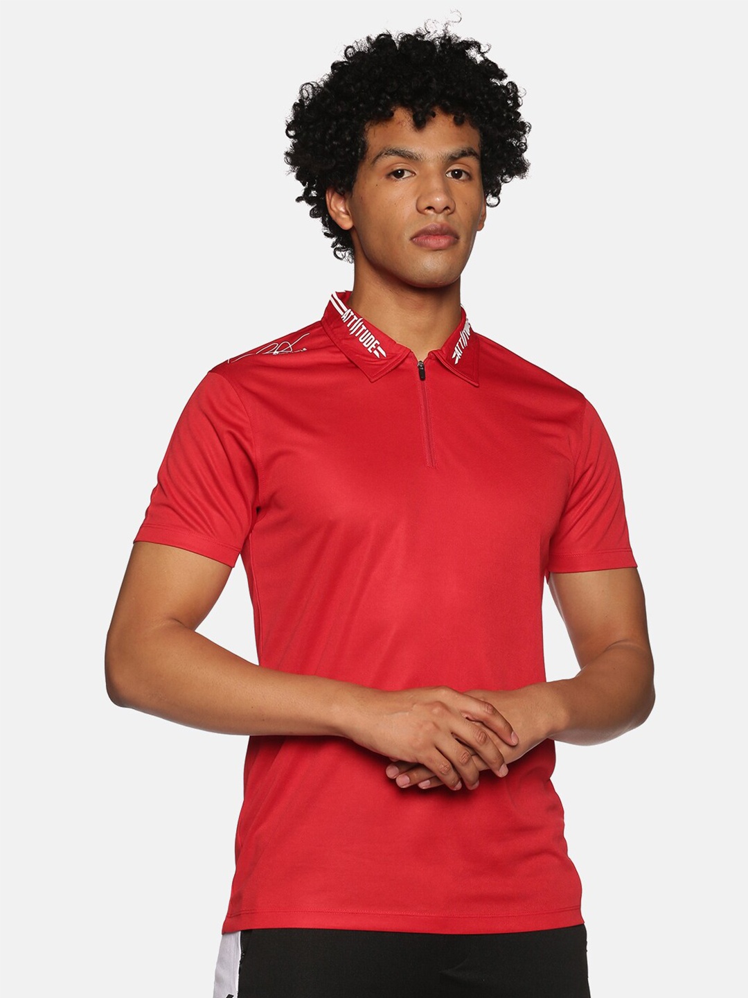 

ATTIITUDE Men Red Placement Printed Dry Fit Polo Collar Slim Fit T-shirt