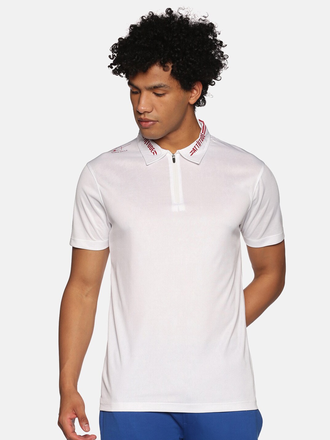 

ATTIITUDE Men White Typography Printed Polo Collar Slim Fit T-shirt