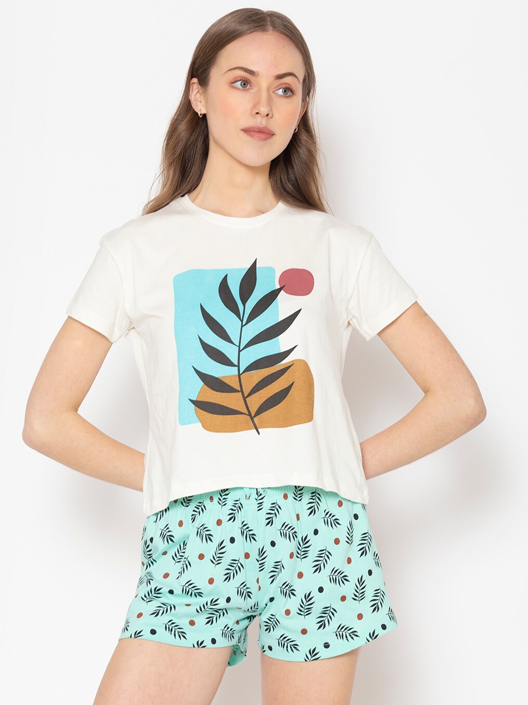 

Lounge Dreams Women Off White & Blue Printed Night suit