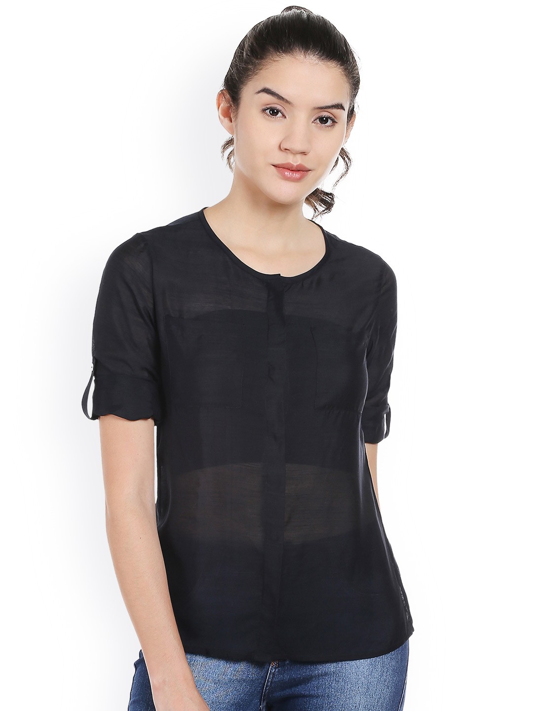 

Style Quotient Women Black Slim Fit Sheer Shirt