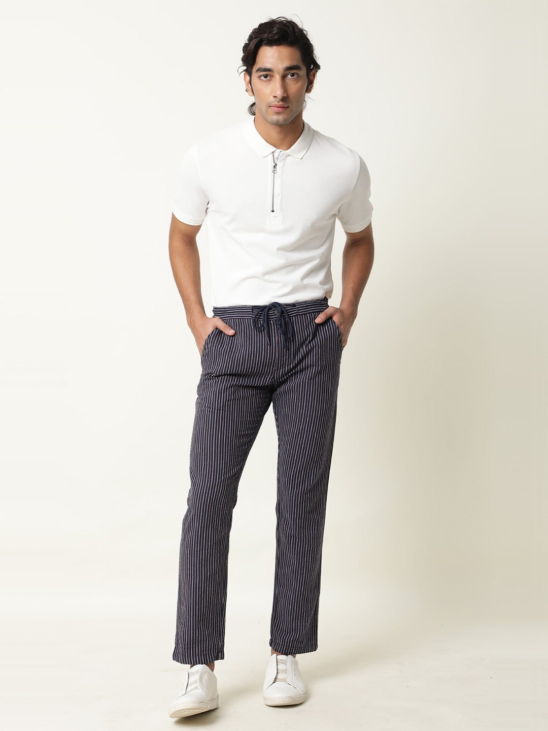 

RARE RABBIT Men Pinst Drawstring Striped Slim Fit Trouser, Navy blue