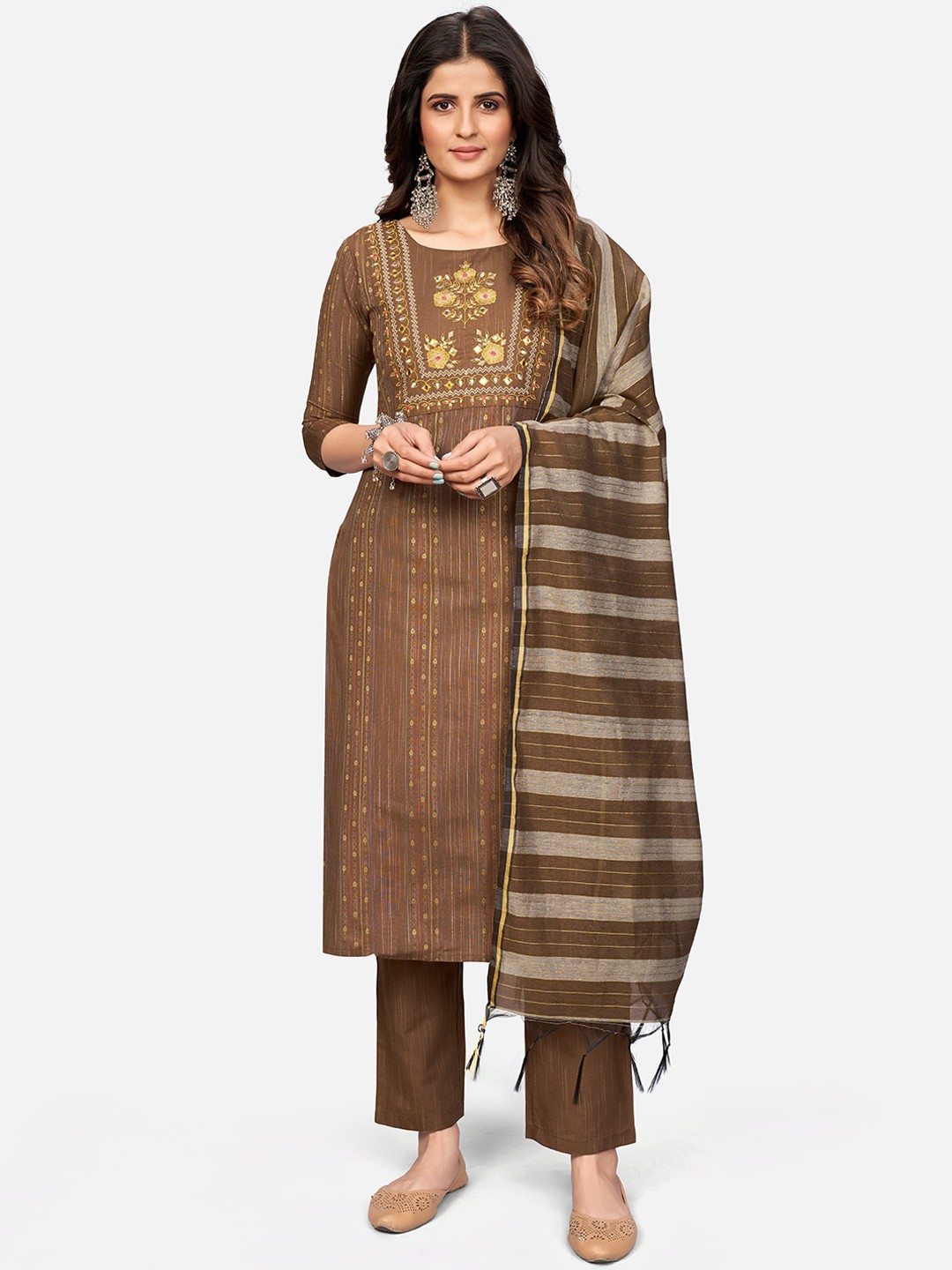 

Vbuyz Women Brown Ethnic Motifs Embroidered Mirror Work Cotton Blend Kurta with Trousers & With Dupatta