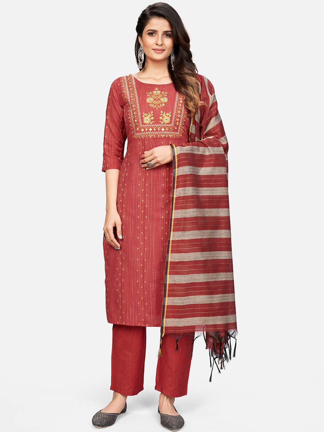 

Vbuyz Women Red Embroidered Mirror Work Cotton Blend Kurta & Trousers With Dupatta