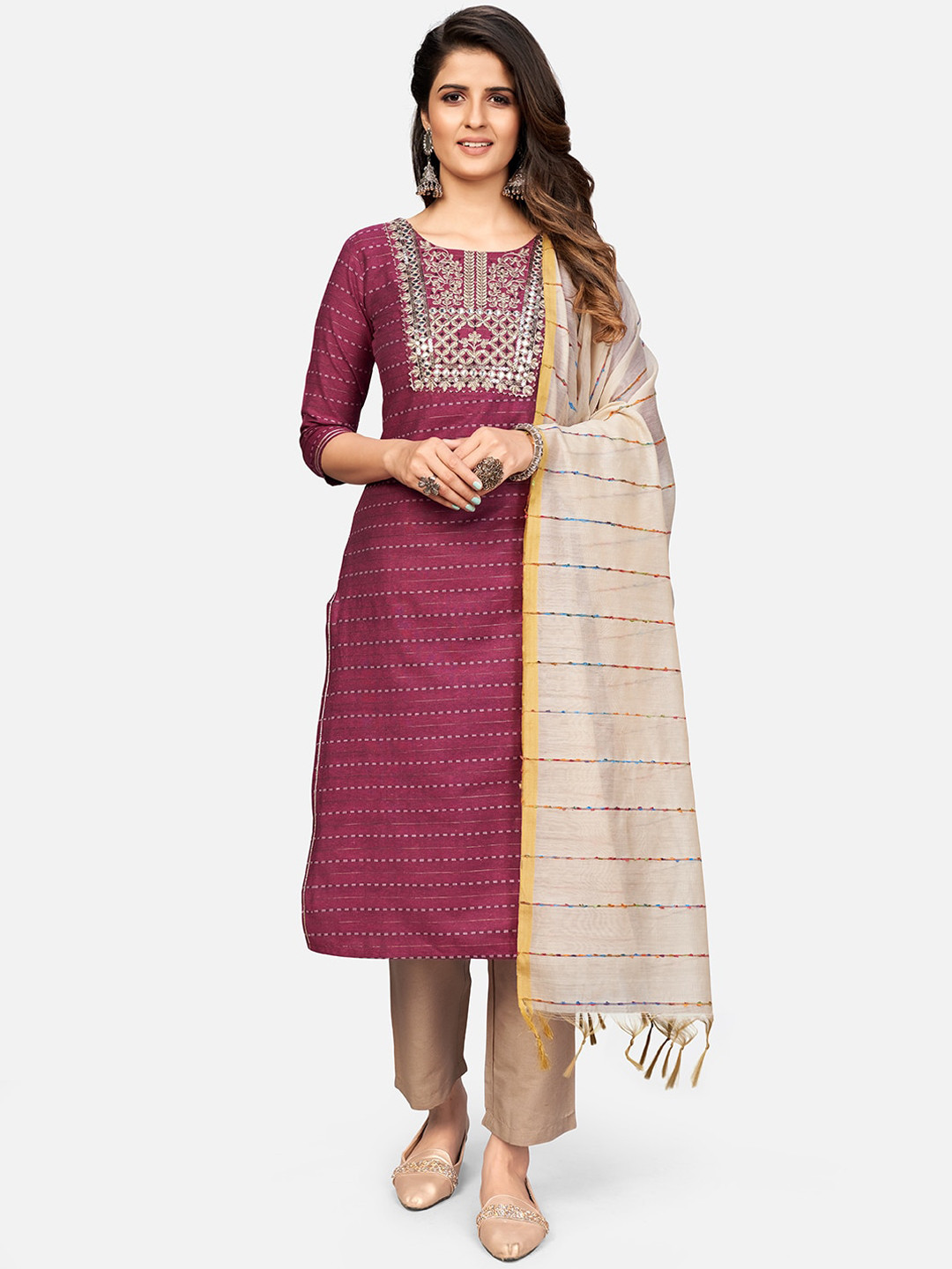 

Vbuyz Women Magenta Floral Embroidered Cotton Blend Kurta with Trousers & With Dupatta