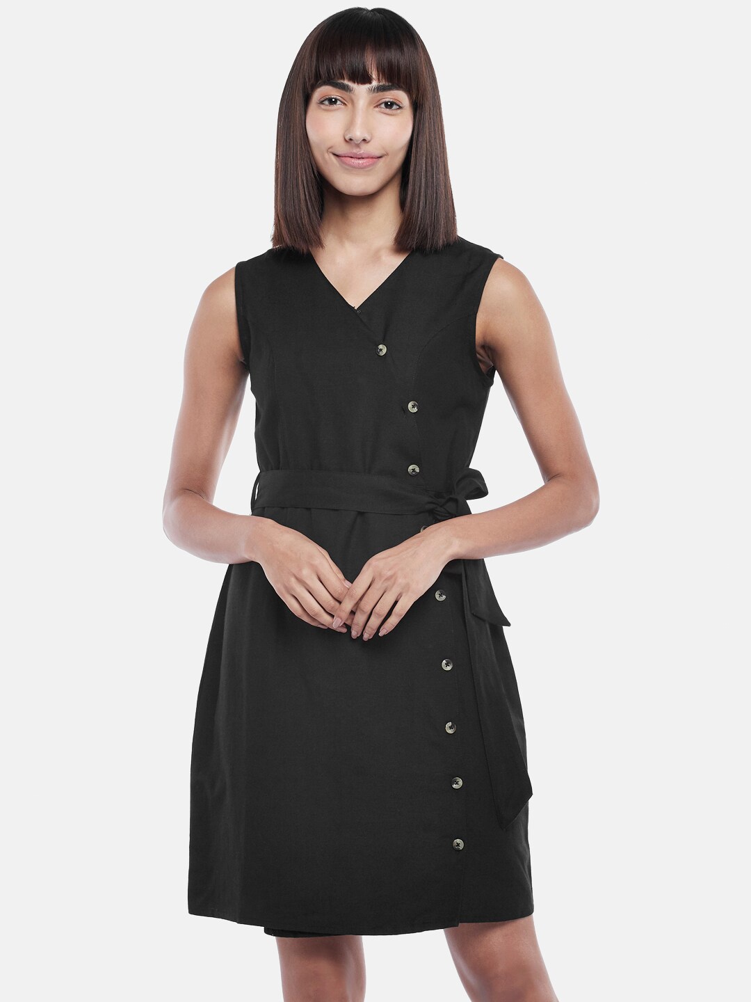 

People Women Black Solid Button Detailed Wrap Dress