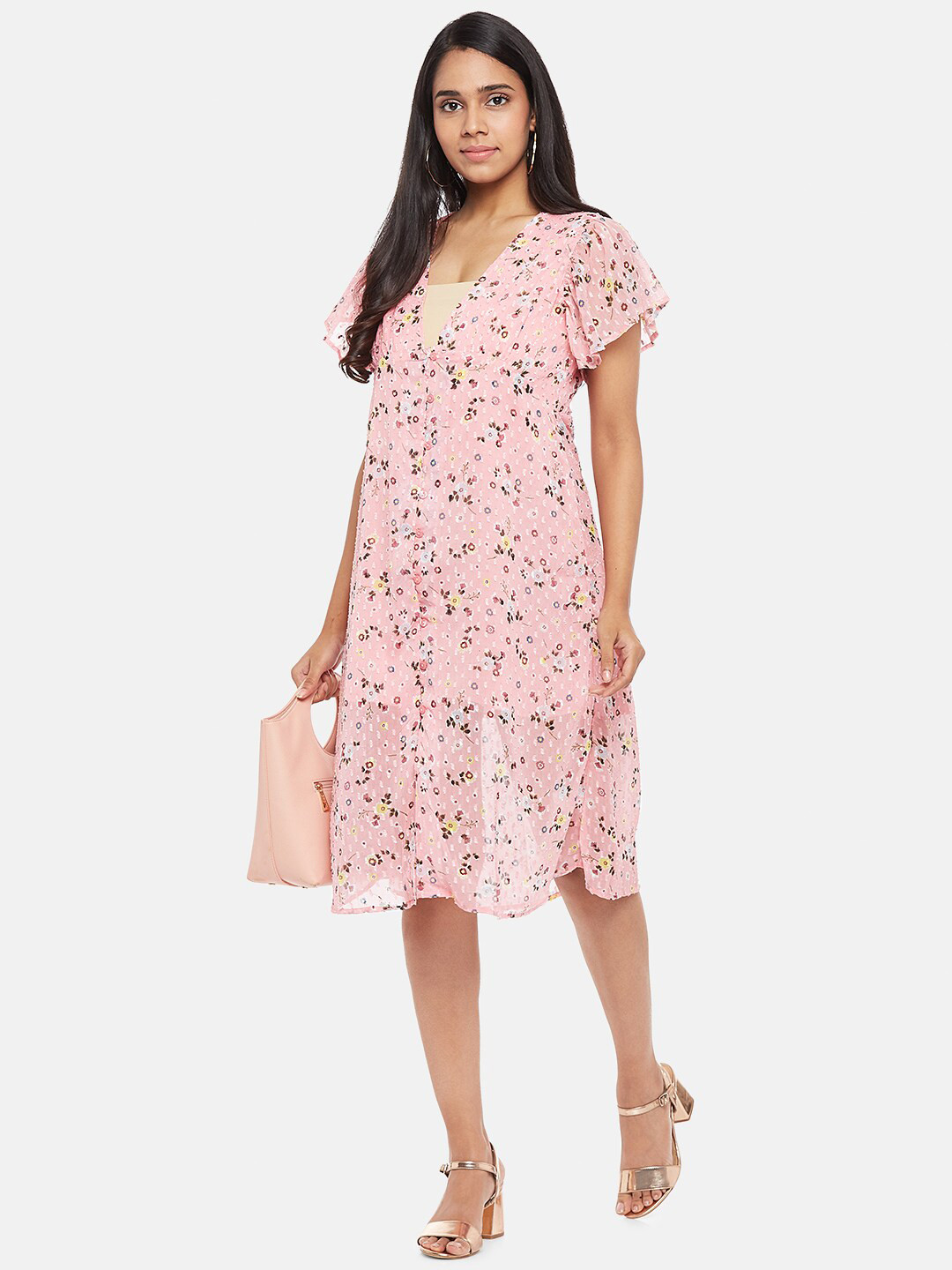 

People Women Pink Floral Printed Flared Sleeves A-Line Dress