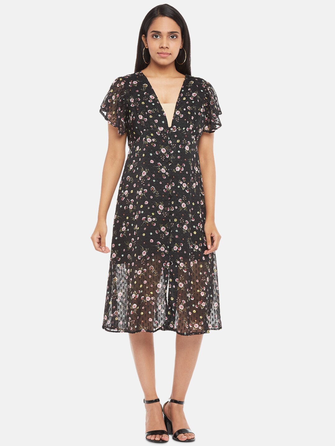 

People Black Floral Printed Midi Dress