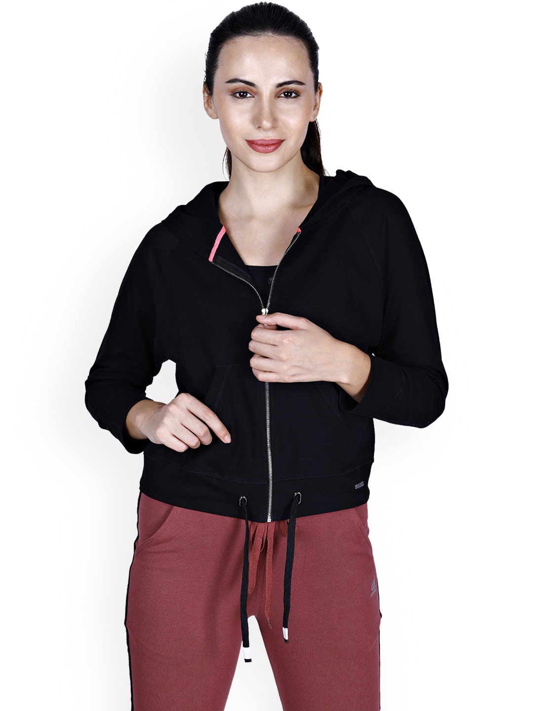 

LAASA SPORTS Women Black Hooded Cotton Crop Training or Gym Sporty Jacket