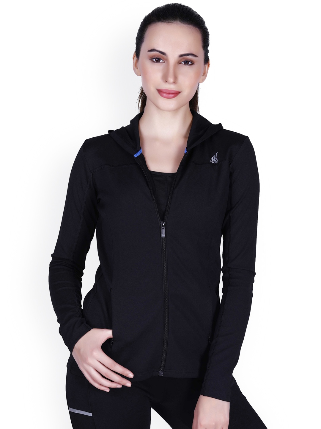 

LAASA SPORTS Women Black Hooded Training or Gym Sporty Jacket