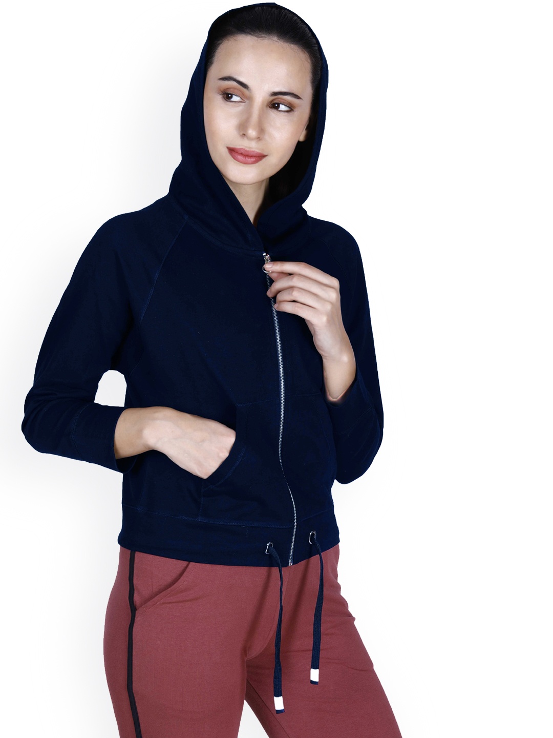 

LAASA SPORTS Women Navy Blue Crop Open Front Cotton Jacket