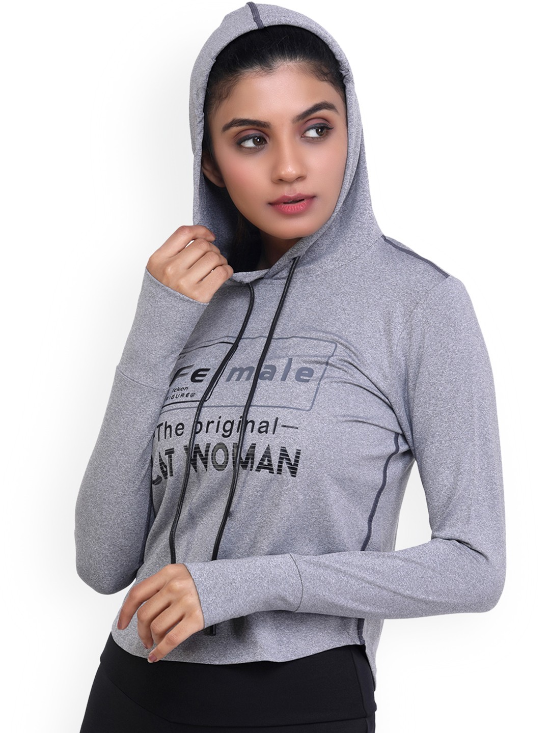 

LAASA SPORTS Women Grey Printed Rapid Dry Hooded Sweatshirt