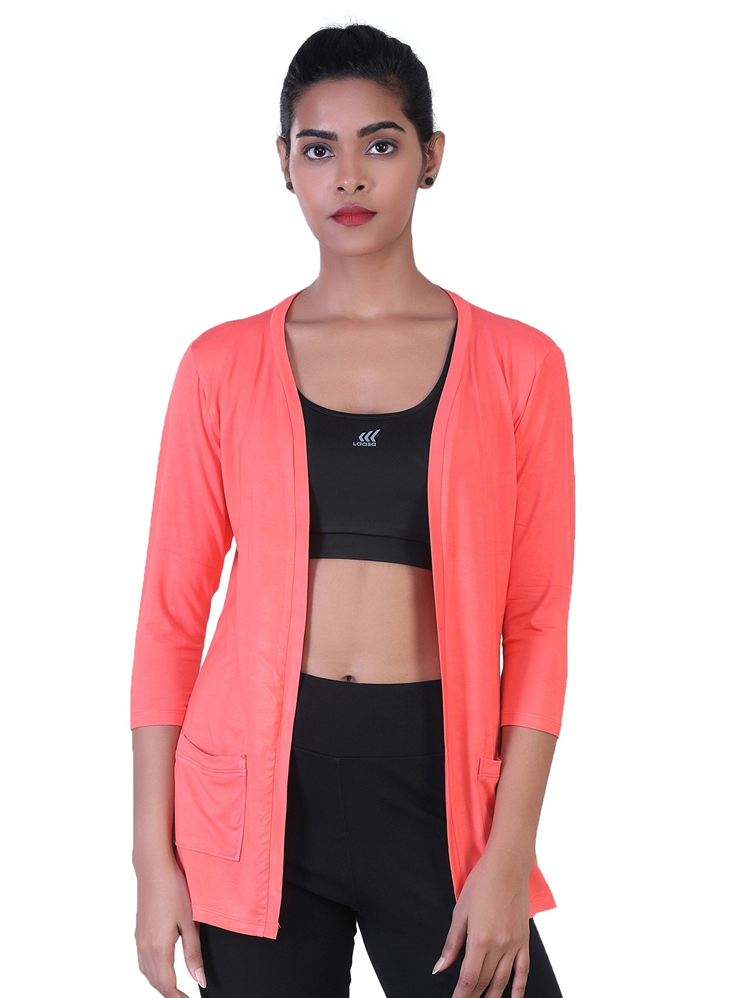 

LAASA SPORTS Women Coral Longline Open Front Shrug