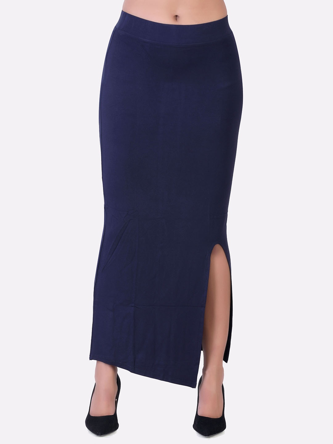 

LAASA SPORTS Woman Navy Blue Mid Calf Pencil Skirt With Side Slit