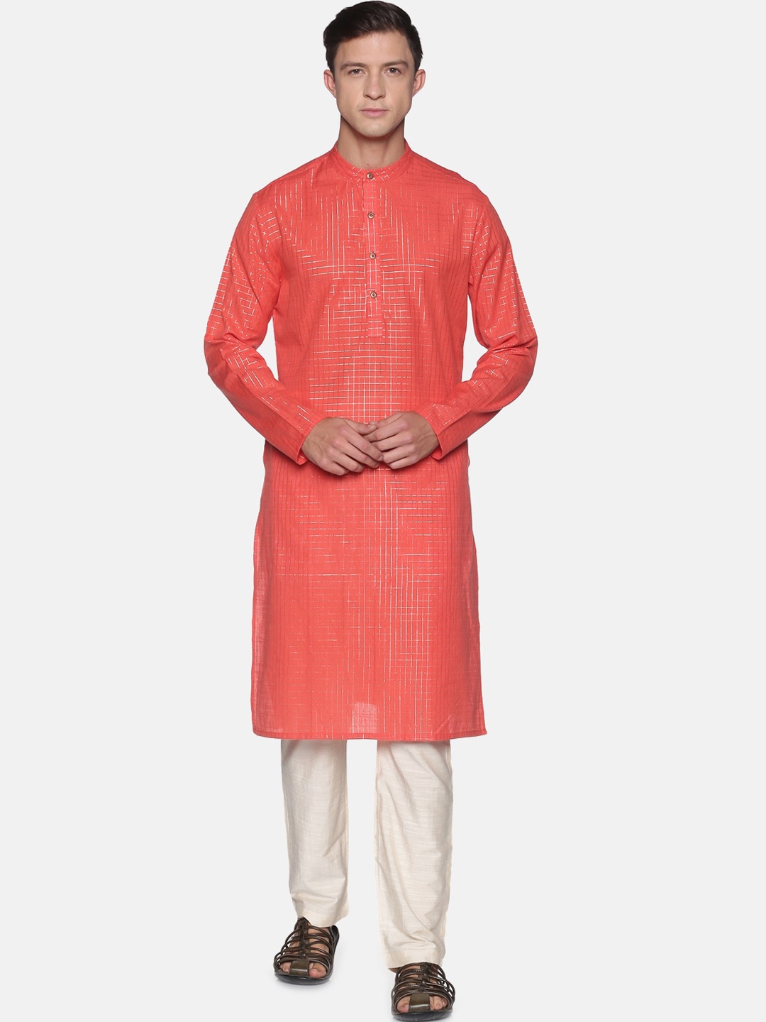 

Saffron Threads Men Coral Pink Checked Pure Cotton Kurta