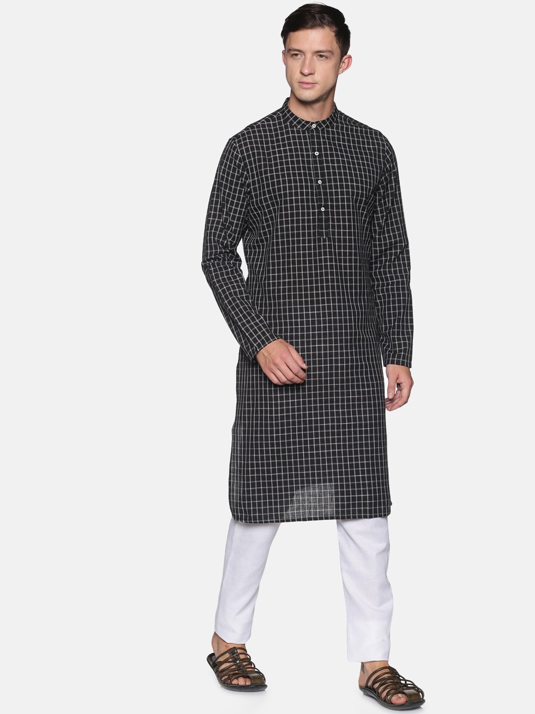 

Saffron Threads Men Black & White Checked Cotton Kurta