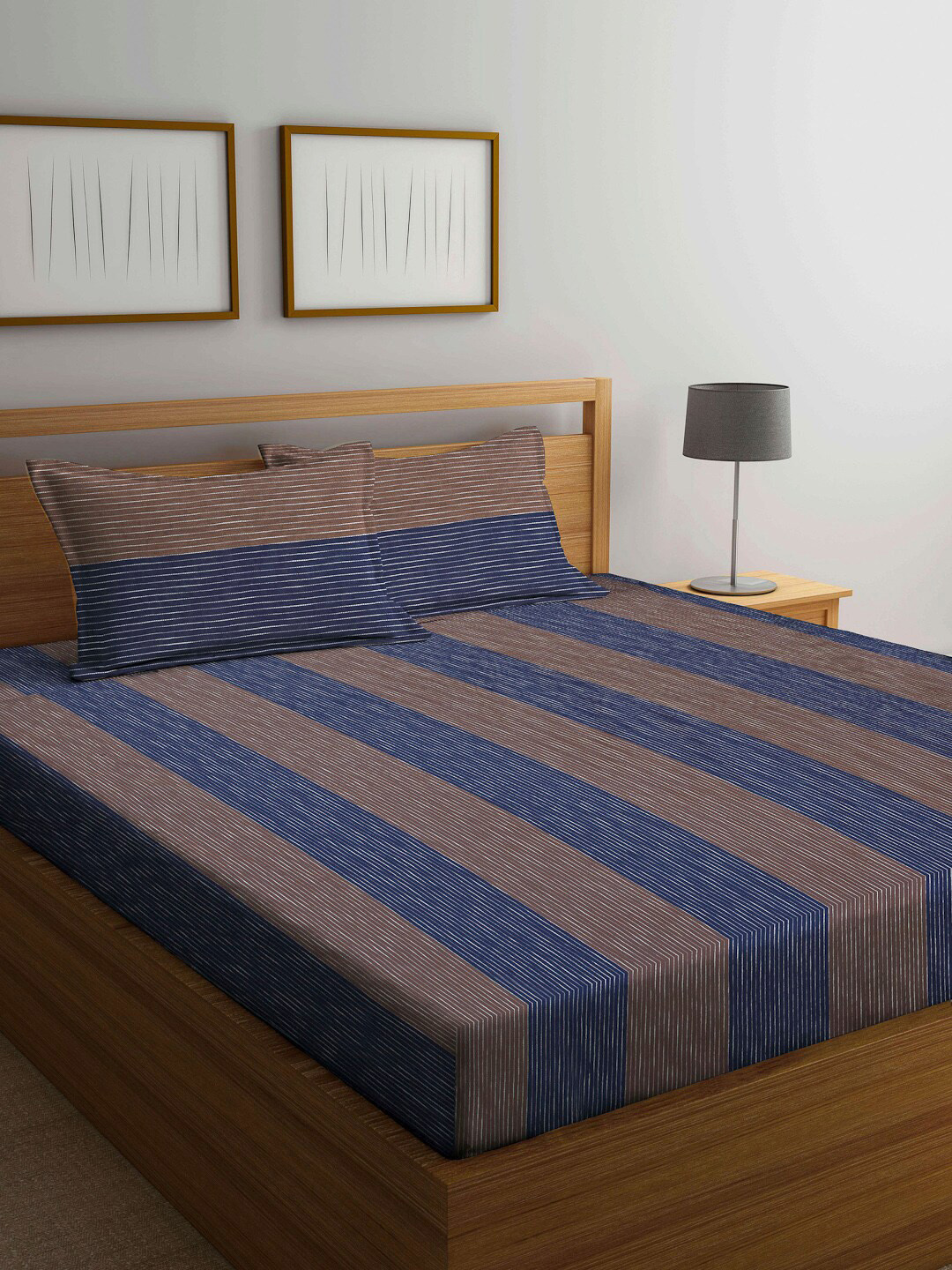 

Arrabi Brown & Navy Blue Striped 300 TC Super King Bedsheet with 2 Pillow Covers