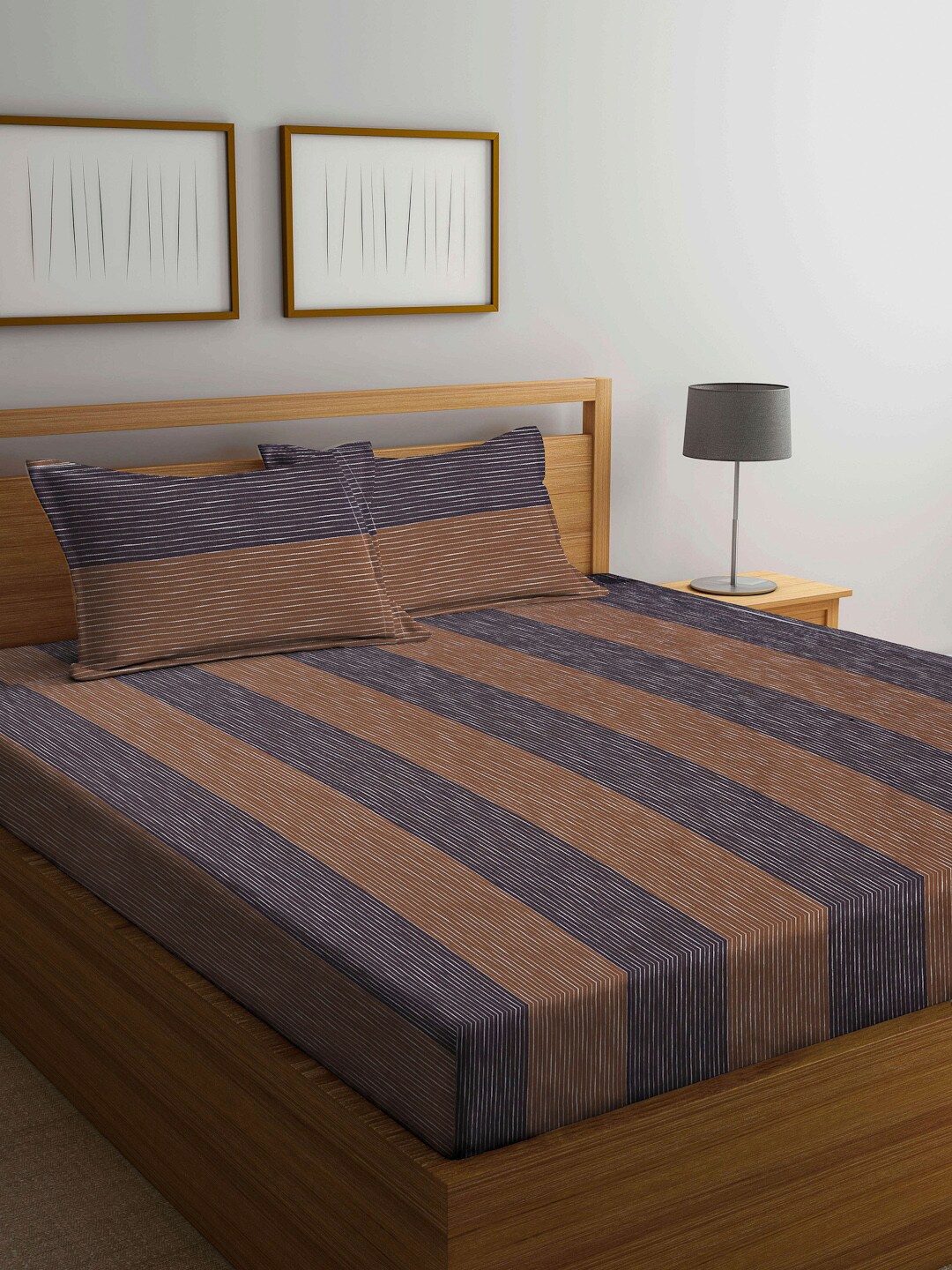 

Arrabi Brown & Blue Striped 300 TC Super King Cotton Bedsheet with 2 Pillow Covers