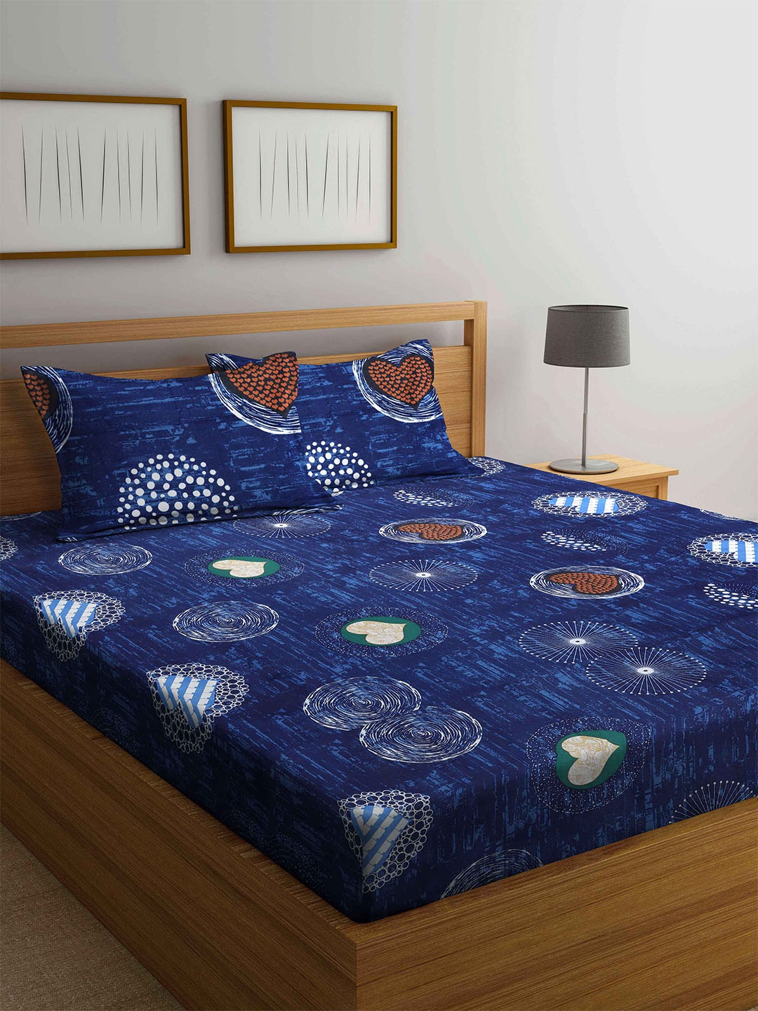 

Arrabi Blue Graphic Printed 300 TC Cotton Blend King Bedsheet with 2 Pillow Covers