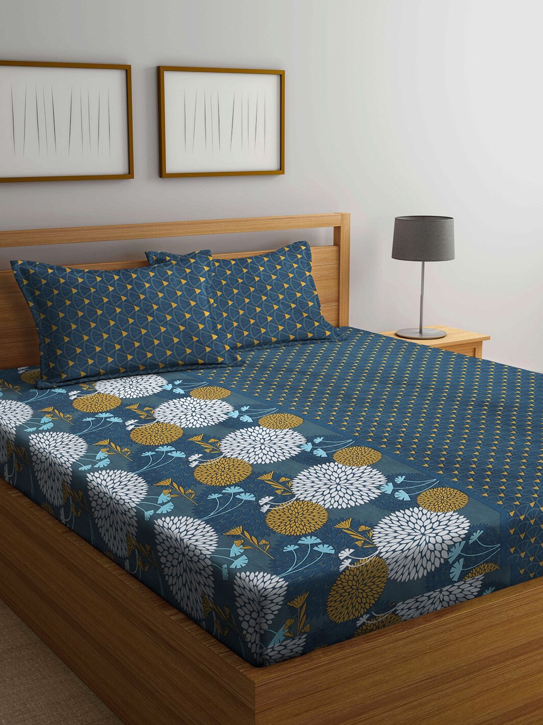 

Arrabi Blue & Yellow Floral Printed 300 TC Double King Bedsheet with 2 Pillow Covers