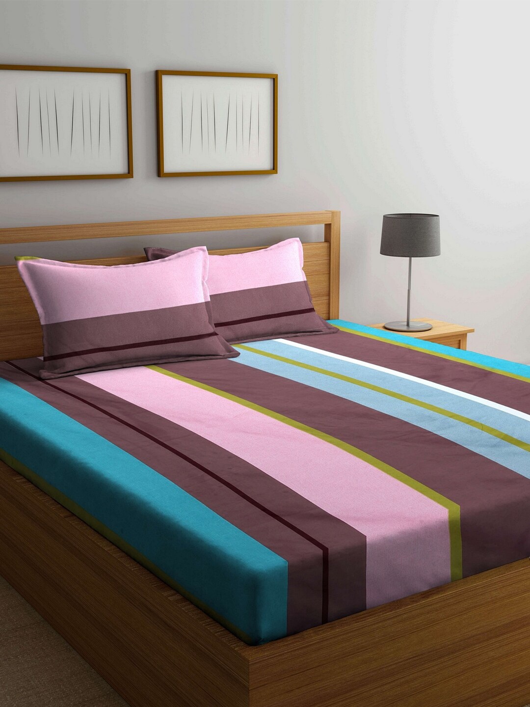 Arrabi Multi Color Striped 300 TC Double King Bedsheet with 2 Pillow Covers