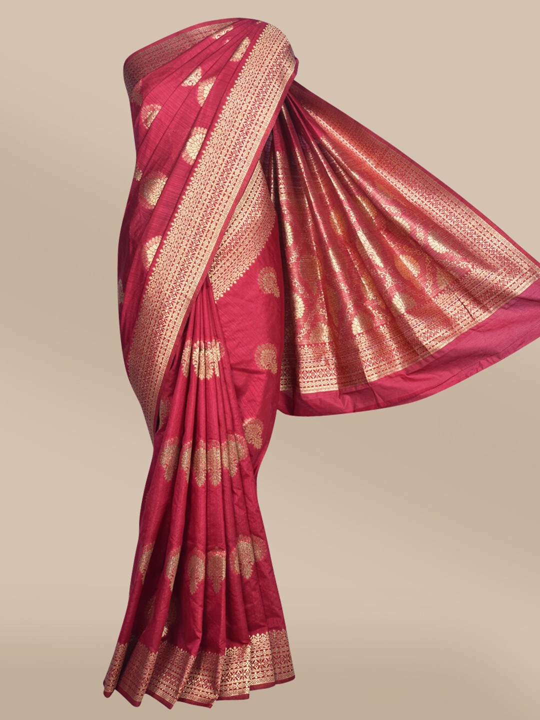 

The Chennai Silks Maroon & Gold-Toned Ethnic Motifs Zari Jute Cotton Saree