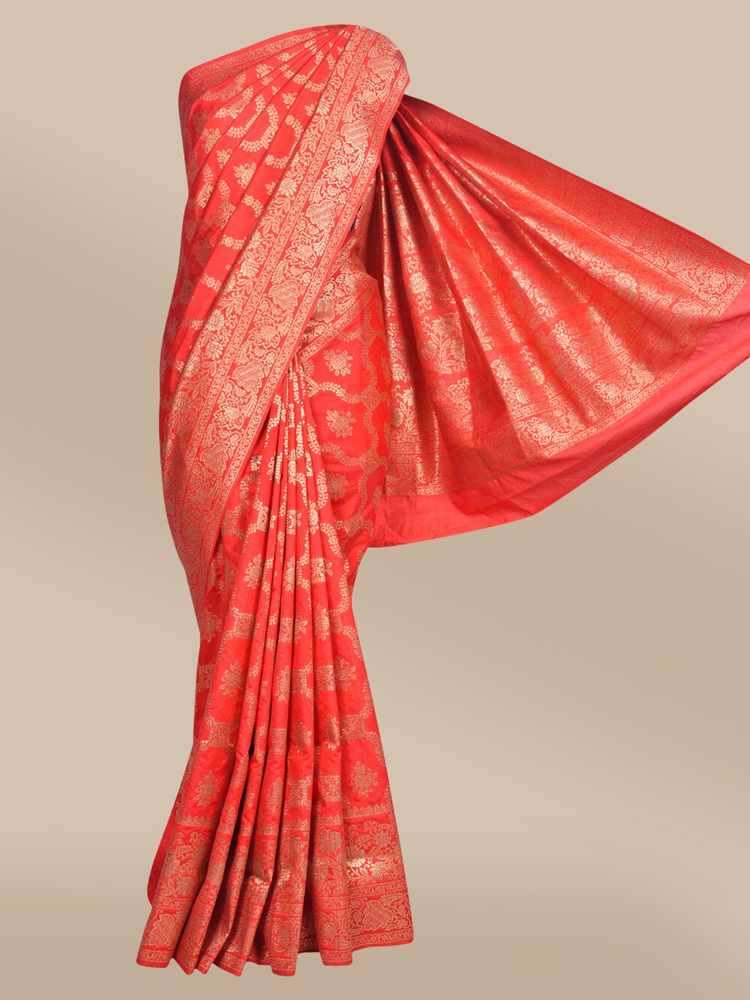 

The Chennai Silks Red & Gold-Toned Ethnic Motifs Zari Jute Cotton Fusion Saree