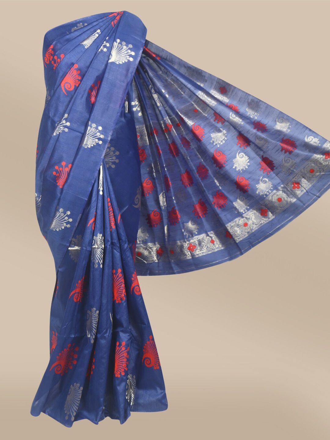 

The Chennai Silks Navy Blue & Red Ethnic Motifs Zari Dupion Silk Blend Banarasi Saree