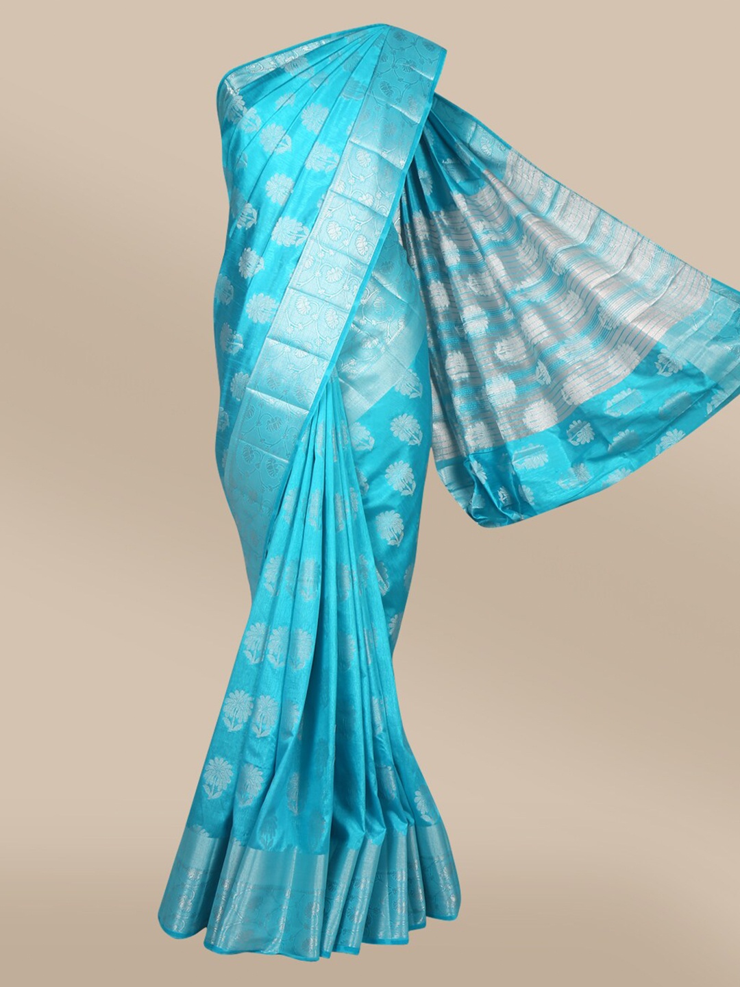 

The Chennai Silks Blue & Silver-Toned Floral Zari Jute Cotton Saree