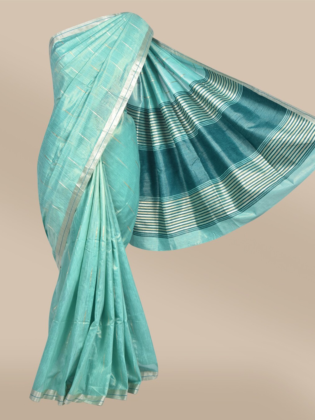 

The Chennai Silks Green & Silver-Toned Woven Design Zari Silk Blend Fusion Banarasi Saree