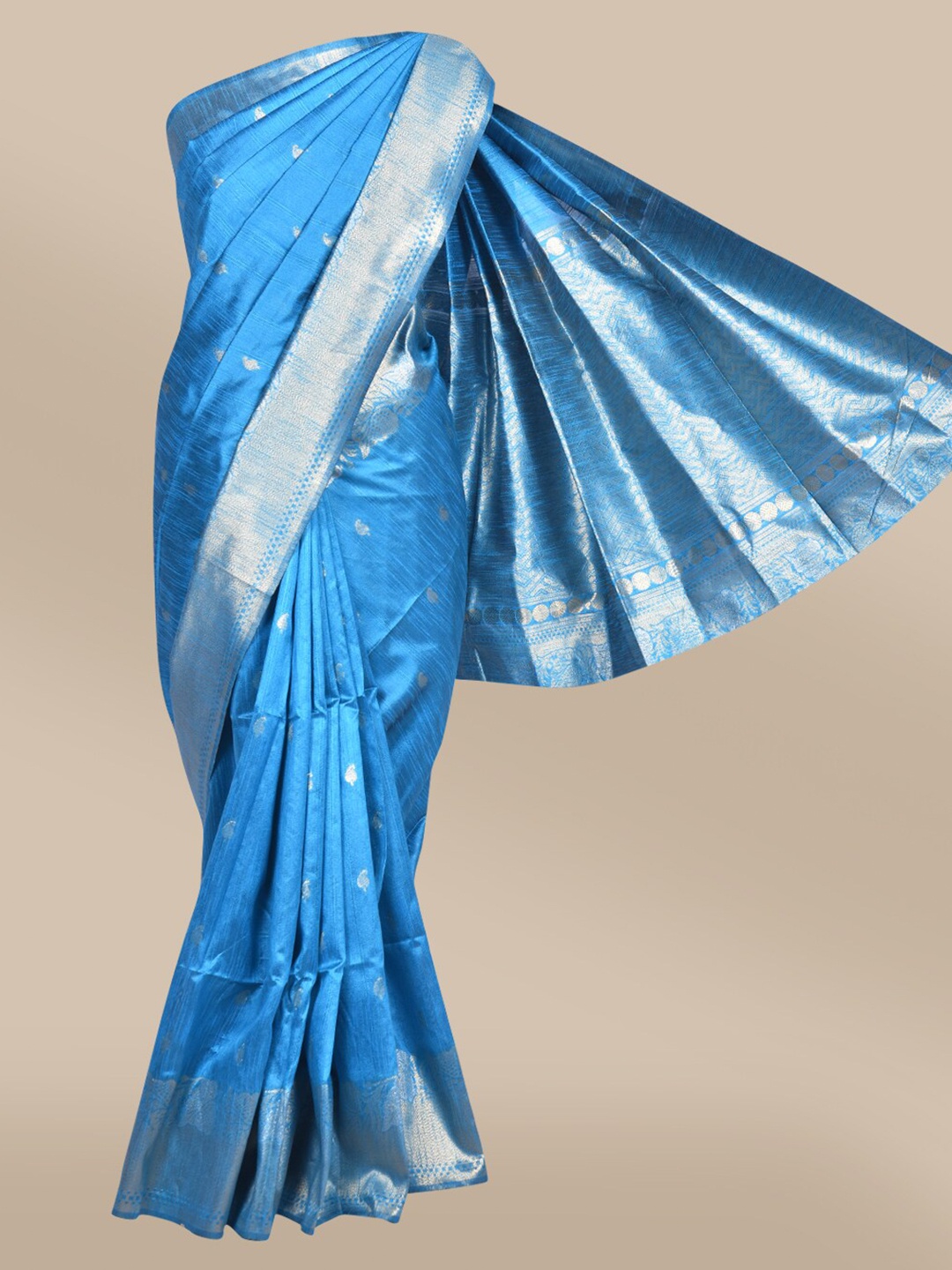 

The Chennai Silks Blue & Silver-Toned Ethnic Motifs Zari Silk Blend Fusion Banarasi Saree