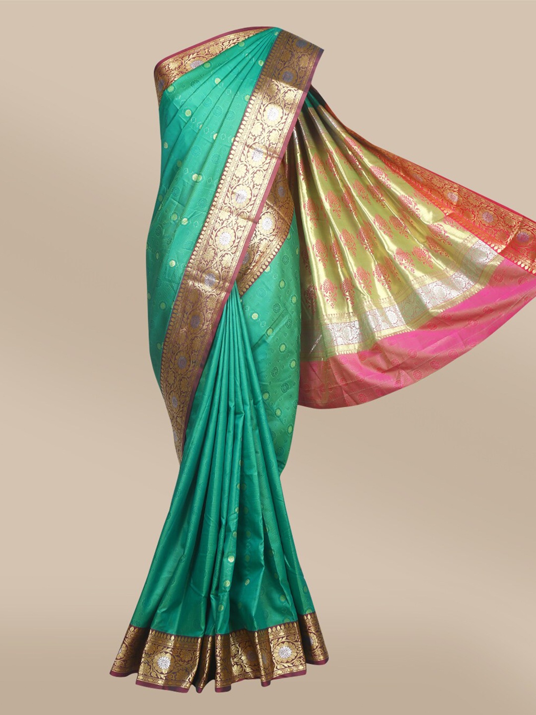 

The Chennai Silks Green & Magenta Ethnic Motifs Zari Art Silk Fusion Saree