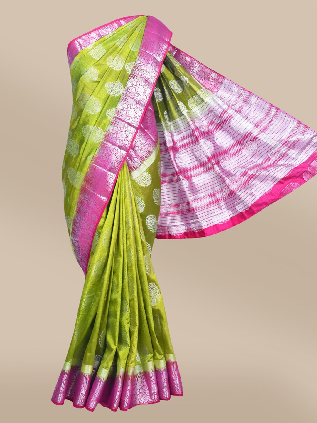 

The Chennai Silks Green & Pink Floral Zari Jute Cotton Fusion Saree
